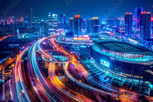 A vibrant cityscape at night, with illuminated skyscrapers, a stadium, and a network of highways. © Pikul