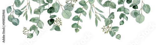 Horizontal leaf border. Watercolor floral drop made of green foliage and eucalyptus branches. Botanical frame illustration. PNG clipart.