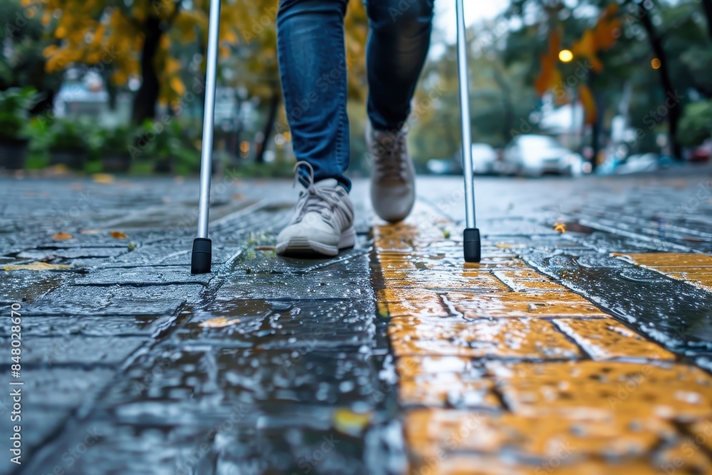 A close-up view of an individual using crutches to navigate a wet, autumn-lined sidewalk with fallen leaves A close-up view of an individual using crutches to navigate a wet, autumn-lined sidewalk with fallen leaves