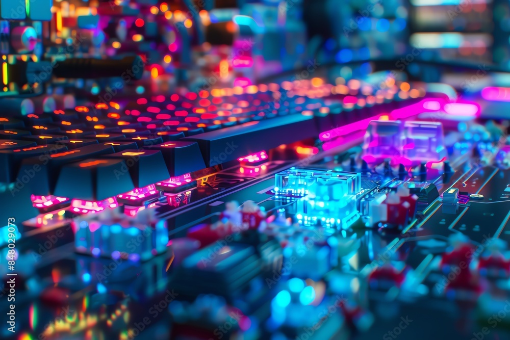 Close-up of a circuit board with glowing LEDs, showcasing intricate electronic components and vibrant colors. Close-up of a circuit board with glowing LEDs, showcasing intricate electronic components and vibrant colors.