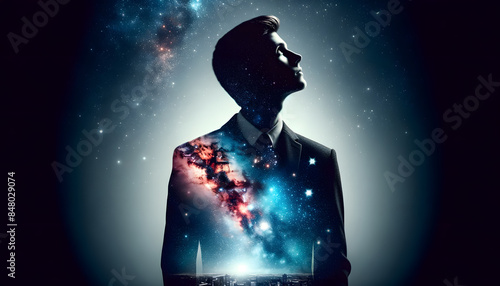 a person in a suit looking upward, overlaid with a galaxy and stars. The background features a deep, starry night sky with clusters of bright stars and cosmic dust.