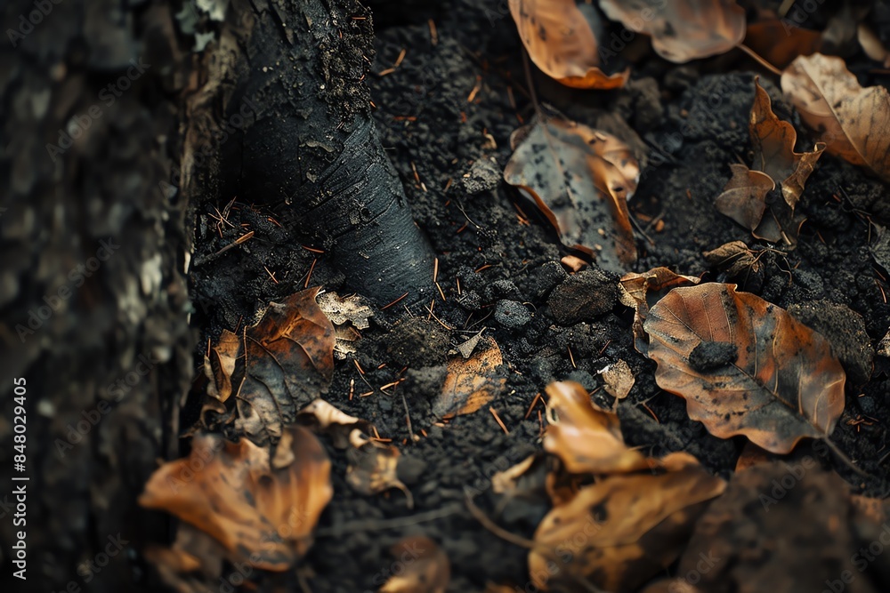 Close-up of fallen leaves and tree roots on the forest floor. Close-up of fallen leaves and tree roots on the forest floor.