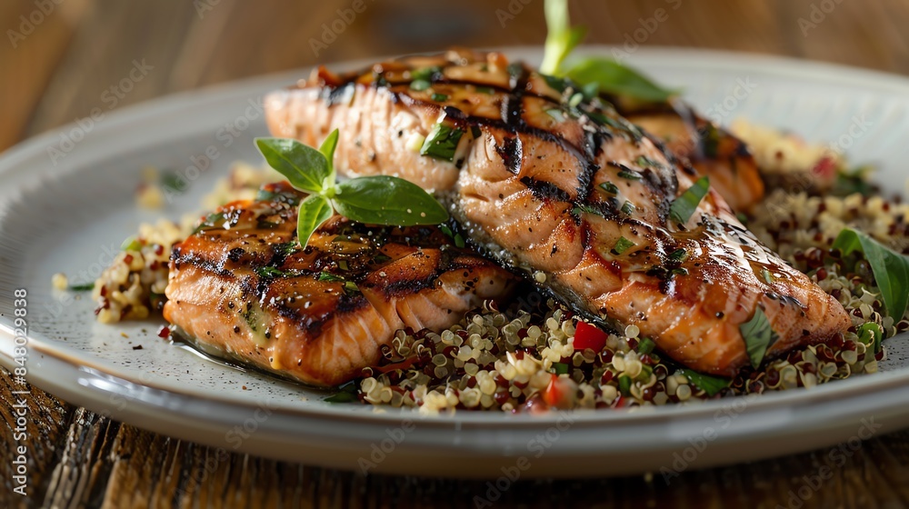 Grilled salmon fillets served with quinoa and balsamic glaze. Grilled salmon fillets served with quinoa and balsamic glaze.