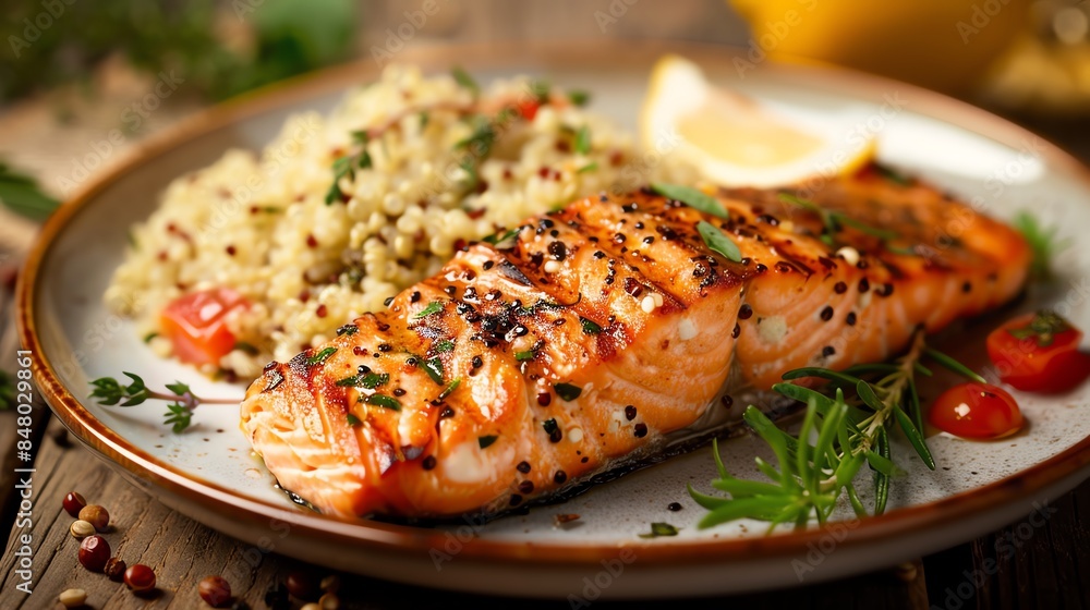 Grilled salmon with lemon and quinoa on a rustic wooden table. Grilled salmon with lemon and quinoa on a rustic wooden table.