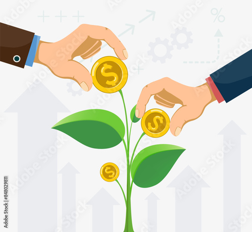 Coins money growing on plant tree. Stock vector illustration