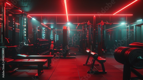 Modern gym interior with red neon lights and exercise equipment.