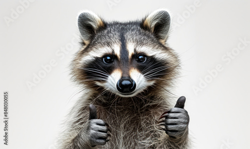 Amusing raccoon giving a thumbs up gesture with a humorous expression, isolated on a white background, embodying positive reinforcement and approval © Bartek
