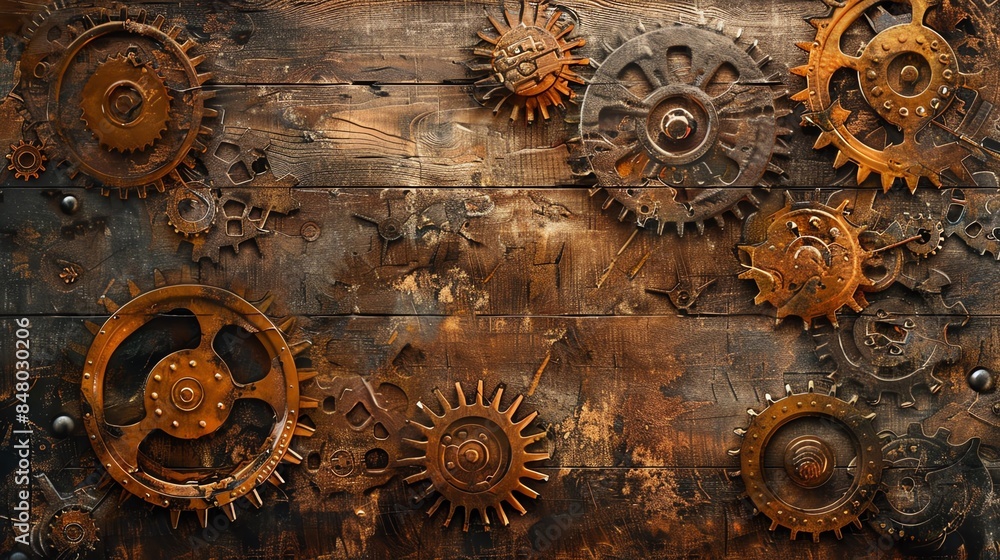 Rustic wooden background with various rusty gears scattered across the surface. Photo perfect for steampunk or industrial design projects. Rustic wooden background with various rusty gears scattered across the surface. Photo perfect for steampunk or industrial design projects.