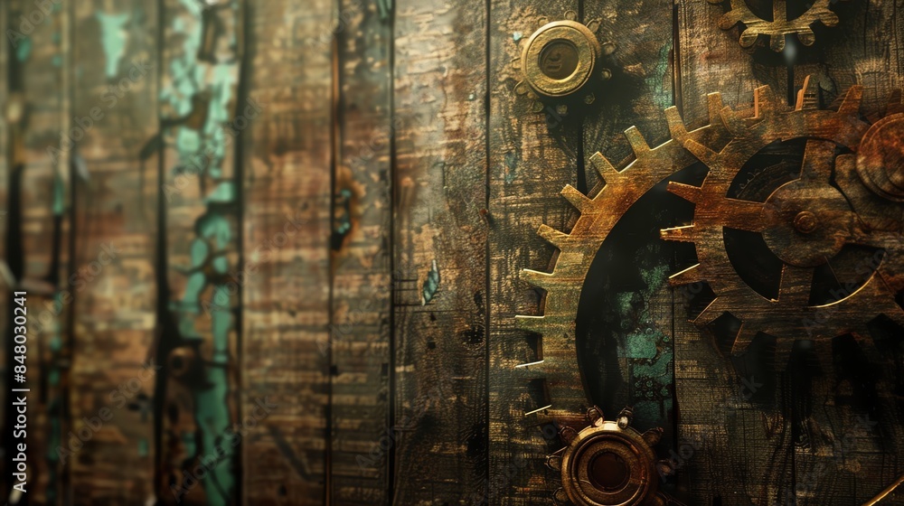Rusty gears and cogs against a weathered wooden background, creating a vintage industrial aesthetic. Rusty gears and cogs against a weathered wooden background, creating a vintage industrial aesthetic.