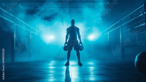 Silhouette of a muscular man holding weights, standing in a smoky, blue-lit gym. © Pikul