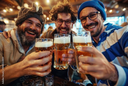 Cheerful friends wearing quirky hats celebrating at a pub with beer