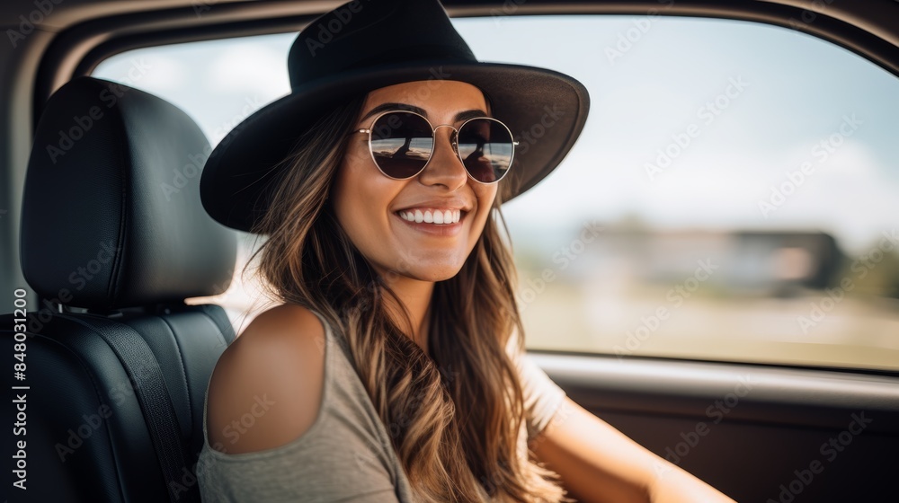 One lovely young brunette Caucasian woman hanging out a car window on a road trip. Young hipster with arm tattoos smiles and relaxes in hat and sungla. One lovely young brunette Caucasian woman hanging out a car window on a road trip. Young hipster with arm tattoos smiles and relaxes in hat and sungla.