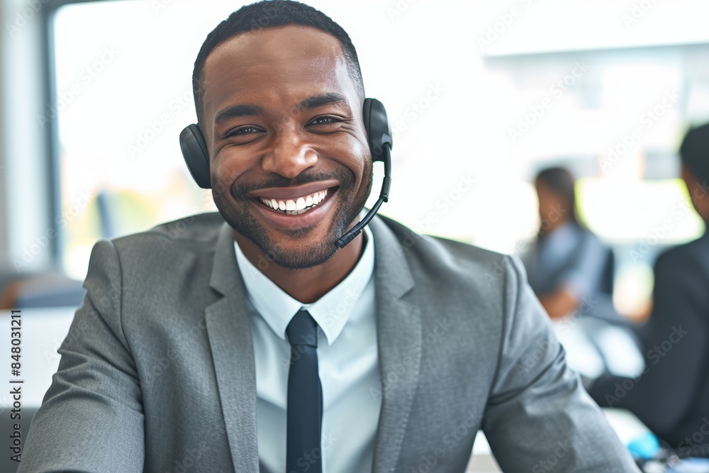 One joyful young African American contact center telemarketing agent using a headset in an office. Friendly, confident masculine customer service and sales helpdesk consultant One joyful young African American contact center telemarketing agent using a headset in an office. Friendly, confident masculine customer service and sales helpdesk consultant