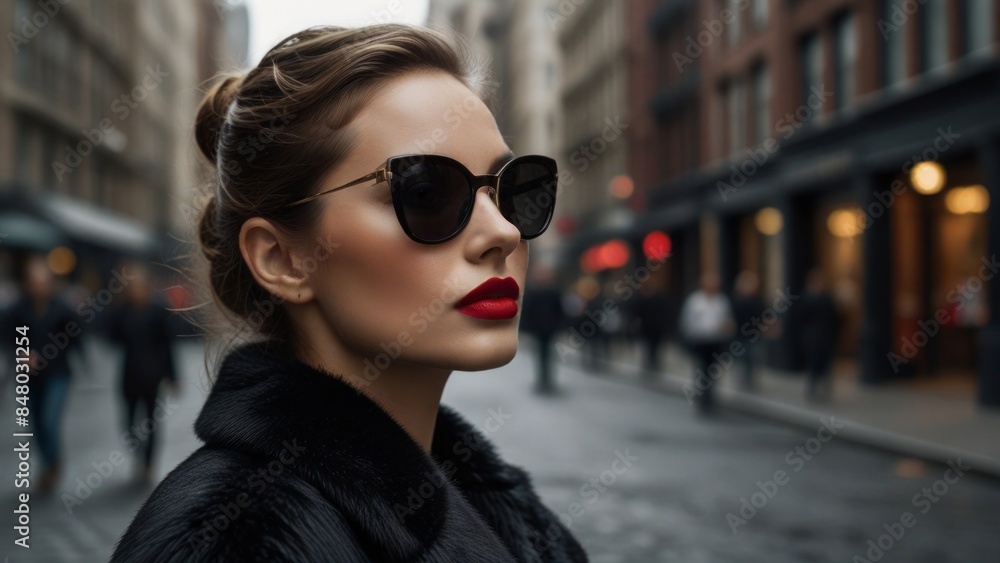 Stylish woman with red lipstick and sunglasses on city street Stylish woman with red lipstick and sunglasses on city street