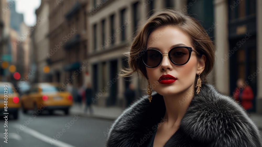 Stylish Woman in Fur Coat on City Street Stylish Woman in Fur Coat on City Street