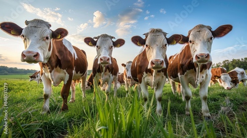 Dairy, meat, and beef cows, image, and farm in rural South Africa. Agribusiness Hereford cattle, animals, or groups in grass area photo