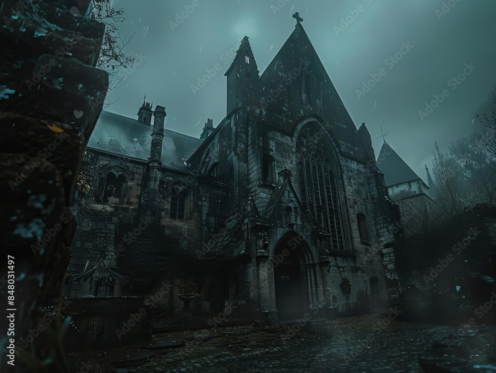 Gothic mansion with dark architecture, moody atmosphere, high contrast, photo realism Gothic mansion with dark architecture, moody atmosphere, high contrast, photo realism