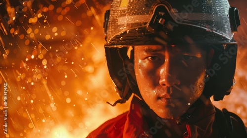 A firefighter in a helmet looks intently into the camera as a fire rages behind him © Denisa