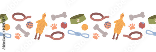 Pet toy seamless border. Isolated vector illustration for packaging, pet store, background