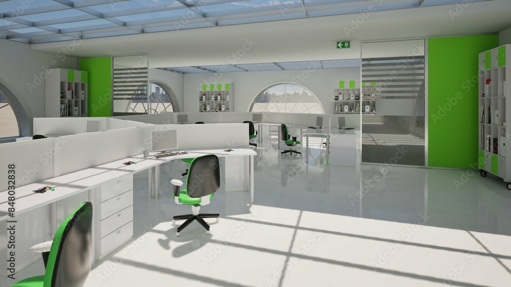 Modellazione 3D di locale molto ampio in un contesto luminoso ad uso ufficio Modellazione 3D di locale molto ampio in un contesto luminoso ad uso ufficio