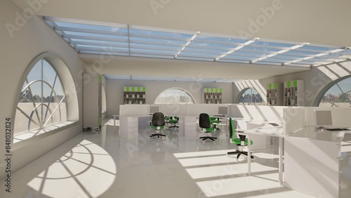 Modellazione 3D di locale molto ampio in un contesto luminoso ad uso ufficio