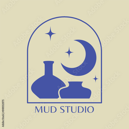 Minimalist logo illustration with ceramic vases emblem. Contemporary blue art with pottery elements. Pottery workshop