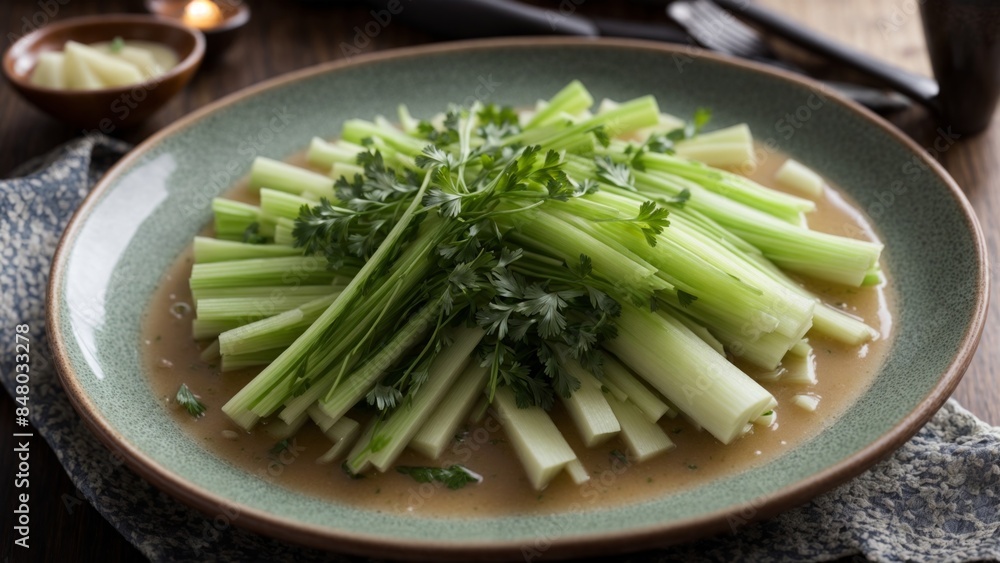 Celery sticks with parsley and brown sauce Celery sticks with parsley and brown sauce