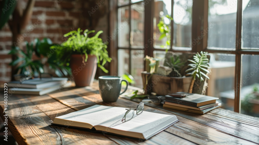 Cozy reading nook by a sunlit window with an open book, potted plants, and a coffee cup, perfect for relaxation. Cozy reading nook by a sunlit window with an open book, potted plants, and a coffee cup, perfect for relaxation.