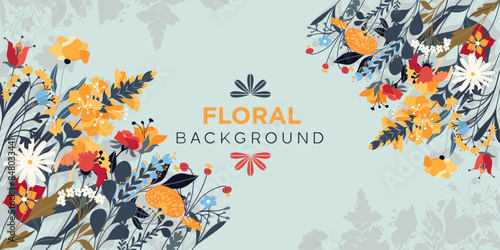 Background frame with meadow and garden flowers and herbs in vector, flat style.