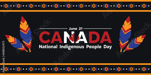 Canada National Indigenous Peoples Day. Canadian flags, feathers and more. Great for cards, banners, posters, social media and more. Black background.