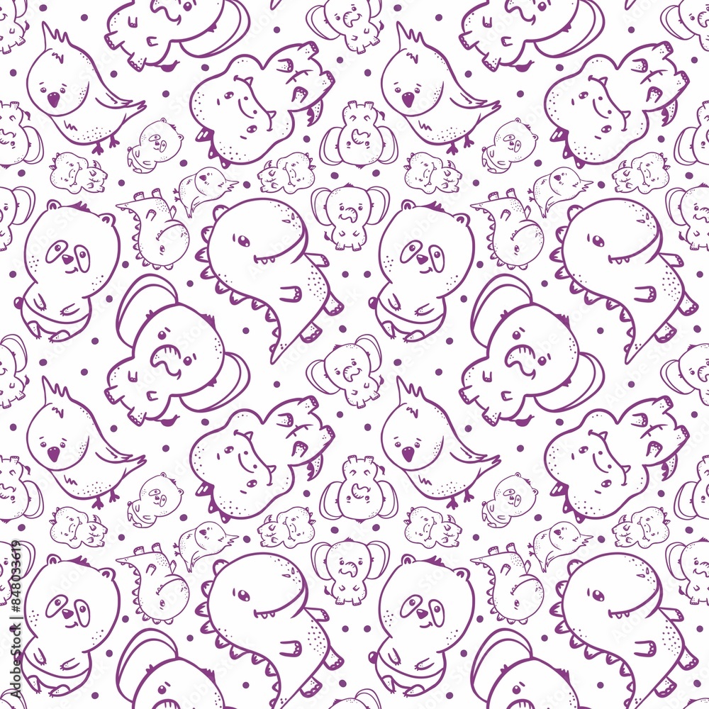 A repeating purple pattern of chaotically scattered cute animals, perfect for printing on children's textiles
A repeating purple pattern of chaotically scattered cute animals, perfect for printing on children's textiles