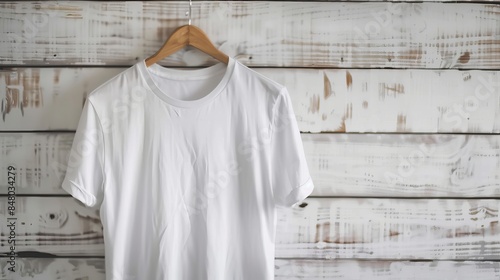 "A white T-shirt is neatly hanging on a simple wooden hanger against a plain white background. The T-shirt is centered and well-lit, showing off its clean lines and soft fabric.