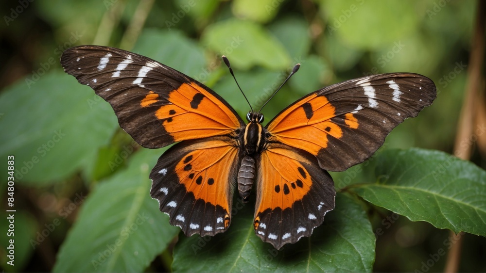 Orange and Black Butterfly on Green Leaf Orange and Black Butterfly on Green Leaf