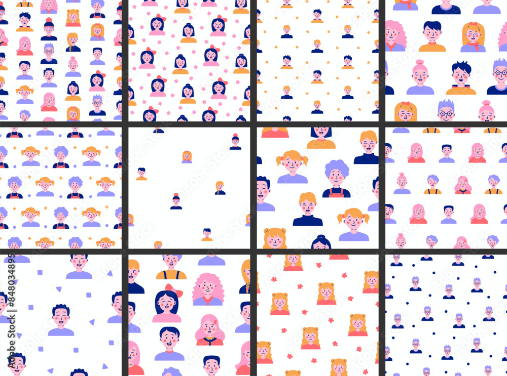 Kids different user profile. Seamless pattern. Pretty girl and boy. Young people. Vector drawing. Collection of design ornaments. Kids different user profile. Seamless pattern. Pretty girl and boy. Young people. Vector drawing. Collection of design ornaments.