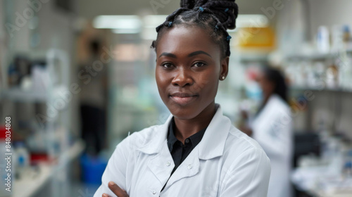 A confident female scientist in a laboratory, wearing a white lab coat and smiling, with lab equipment in the background.