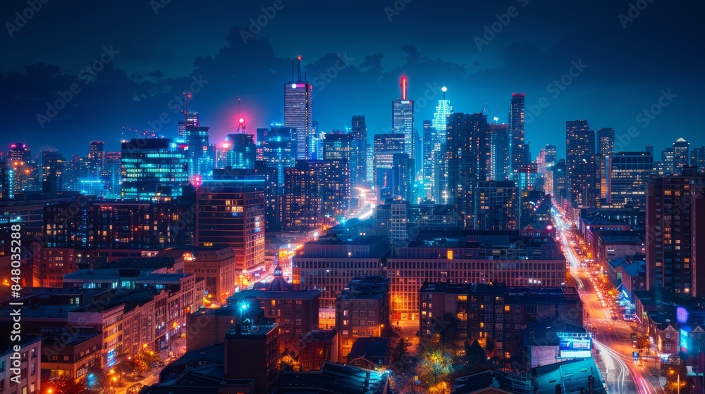Fototapeta premium City skyline at night with vibrant lights