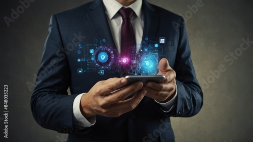 Wallpaper Mural Businessman with smartphone and holographic security icons Torontodigital.ca