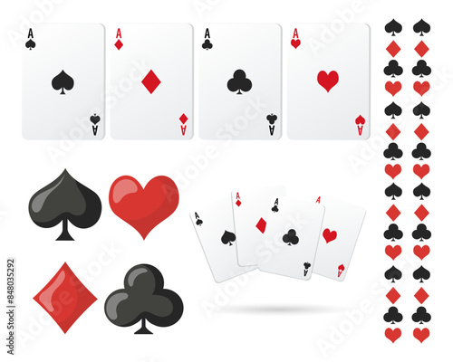 Set of playing cards, aces and suits icons. Illustration, casino background, vectorf playing cards, aces and suits icons. Illustration, casino background