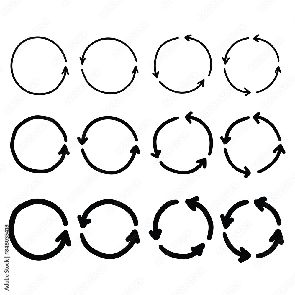 Hand drawn cartoon set of circle arrows on a white background. Hand drawn cartoon set of circle arrows on a white background.