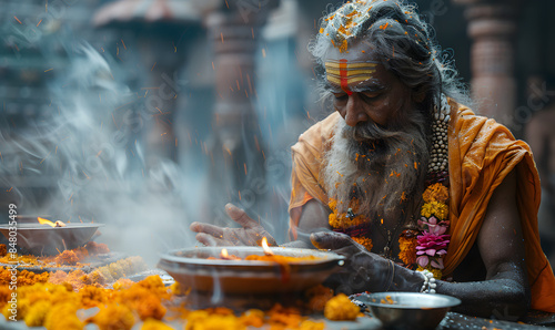 Indian sadhu monk meditating in the temple. Religious prayer man. A person sits in a lotus pose and pray-—zen yoga practice.