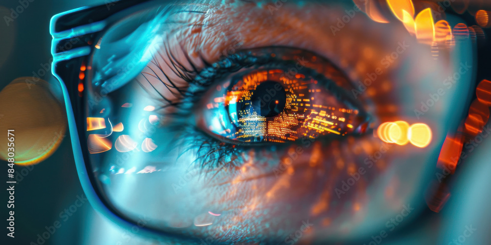Close-up of an eye wearing glasses, reflecting city lights and digital data, representing technology and modern life. Close-up of an eye wearing glasses, reflecting city lights and digital data, representing technology and modern life.