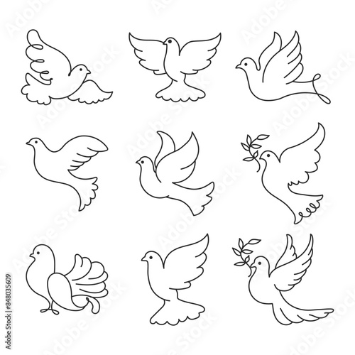 Set of pigeons, sketch. Icons, decorative elements, logo, vector