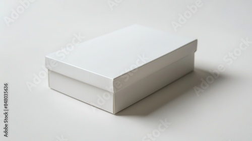 Blank white rectangular box on a wooden table with shadows