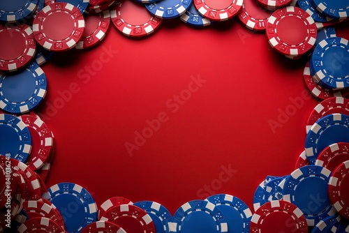 Colorful poker chips arranged in a circle over a red background, perfect for casino, gambling, and poker-themed projects.