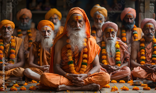 Indian sadhu monk meditating in the temple. Religious prayer man. A person sits in a lotus pose and pray-—zen yoga practice.