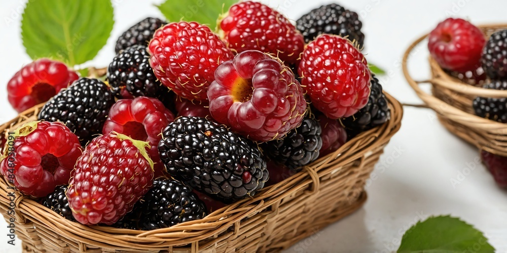 mulberry fruits in basket on plain white background mulberry fruits in basket on plain white background
