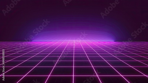 Neon wireframe horizon background The light purple square floor glows 