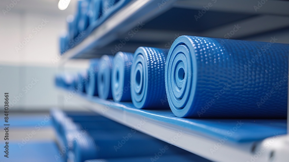 Close-up view of blue exercise mats neatly rolled up and stored on shelves in an exercise facility, illustrating the organization and storage of fitness equipment in a gym or fitness center. Close-up view of blue exercise mats neatly rolled up and stored on shelves in an exercise facility, illustrating the organization and storage of fitness equipment in a gym or fitness center.