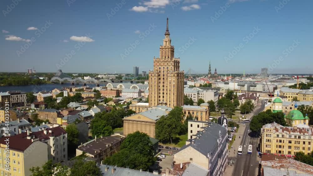 Aerial Wide view of Soviet Science house in Riga, June 2023 Aerial Wide view of Soviet Science house in Riga, June 2023