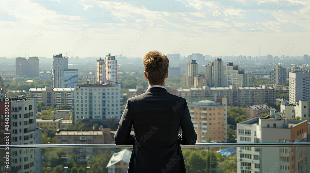 Back view of a young executive standing on a balcony, overlooking urban landscape Back view of a young executive standing on a balcony, overlooking urban landscape